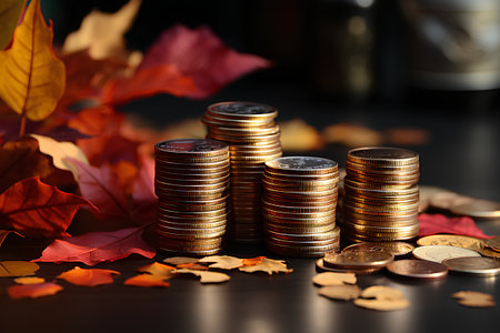 Coins and autumn leaves on a dark background. Financial concept.の素材