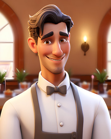 3D illustration of a smiling waiter in a restaurant with a bow tieの素材
