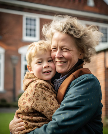Portrait of happy grandmother and grandson in front of their house.の素材