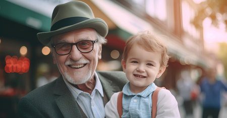 Portrait of a happy grandfather and his grandson in the city.の素材
