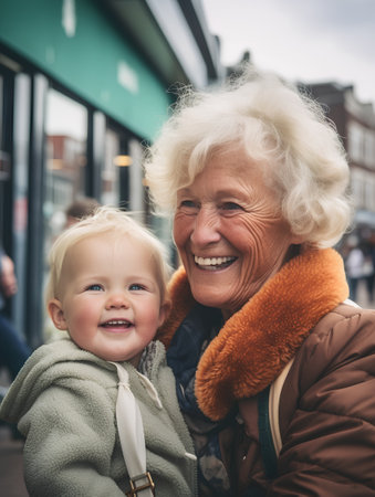 Outdoor portrait of senior woman with her granddaughter in the city.の素材
