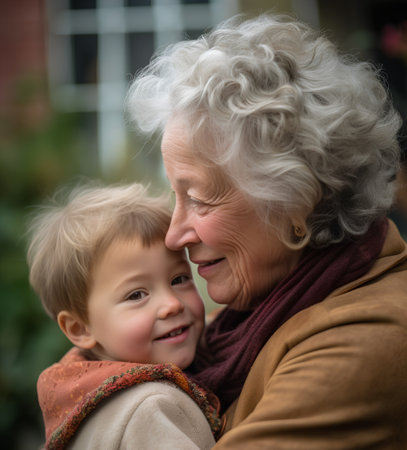Portrait of an elderly woman with her granddaughter in the garden.の素材