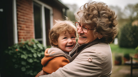 Grandmother and grandson are walking in the garden. Grandma and grandson spend time together.の素材