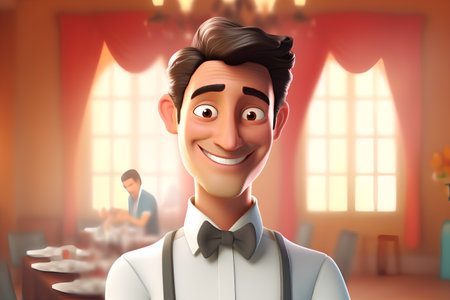3D illustration of a smiling waiter with a bow tie in a restaurantの素材