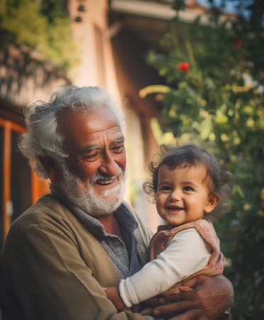 Grandfather with his granddaughter in the garden. Happy family concept.の素材