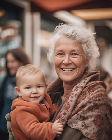 Portrait of a grandmother with her grandson on a walk in the cityの素材
