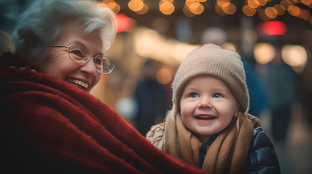Portrait of a happy grandmother with her grandson at Christmas market.の素材