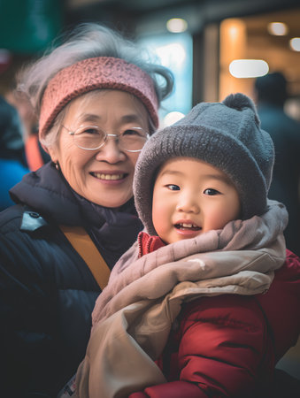 Asian senior woman and her little grandson traveling together at train station.の素材