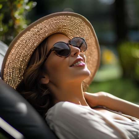 Portrait of a beautiful young woman in sunglasses and a straw hatの素材
