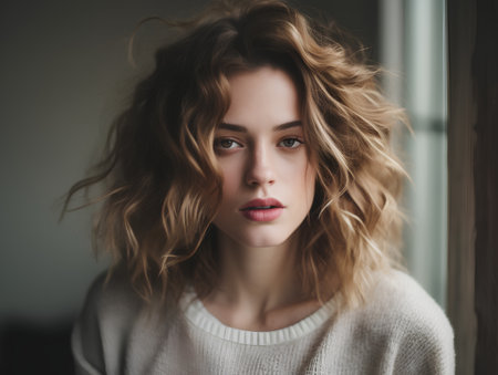 Portrait of a beautiful young woman with long wavy hair.の素材