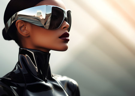 Fashionable woman in black leather jacket and sunglasses. 3d rendering.の素材