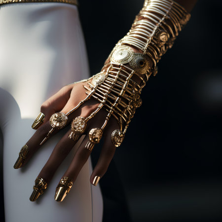 Photo for Hands of a woman with gold bracelets on a black background - Royalty Free Image