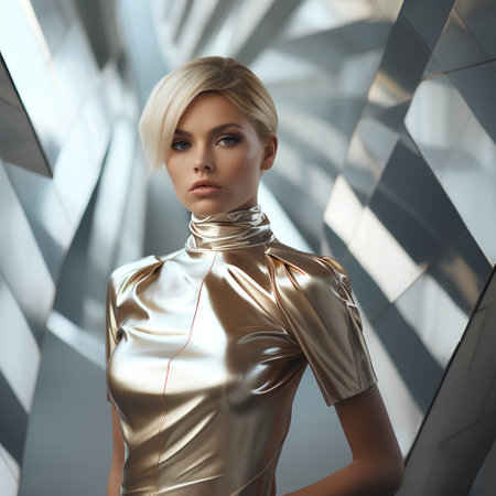 Fashionable blonde woman in golden latex dress. 3d renderingの素材