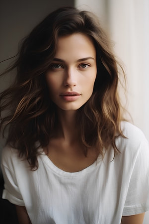 Portrait of a beautiful young woman in a white T-shirtの素材