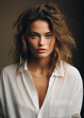 Portrait of a beautiful young woman in a white shirt. Studio shot.の素材