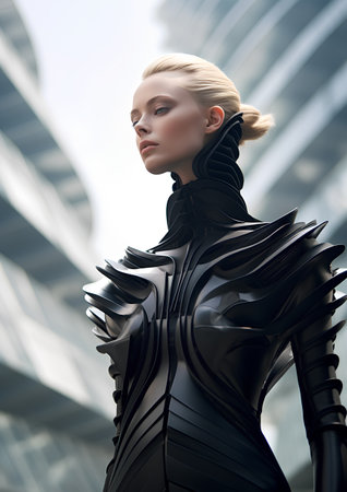 3d illustration of a beautiful woman in a futuristic black suit.の素材