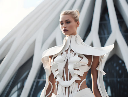 Fashionable young woman in white futuristic dress posing on the background of modern architectureの素材