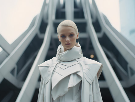 Fashionable woman in white coat on background of modern architecture.の素材