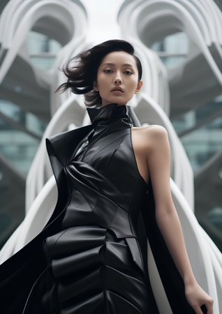 Fashion shot of a beautiful asian woman in black futuristic dress.の素材