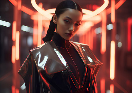 Portrait of a beautiful asian woman in a futuristic suit.の素材