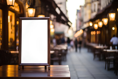 Mock up Menu frame on wooden table and Coffee shop blur background with bokeh image.の素材