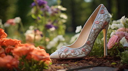 Wedding shoes on a background of flowers in the garden.の素材
