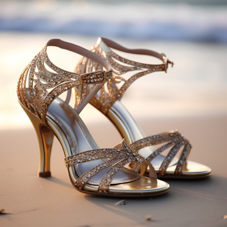Pair of golden women's sandals on the beach at sunsetの素材