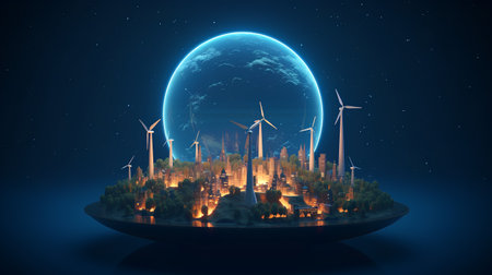 Earth planet with wind turbines on a dark background. 3D renderingの素材
