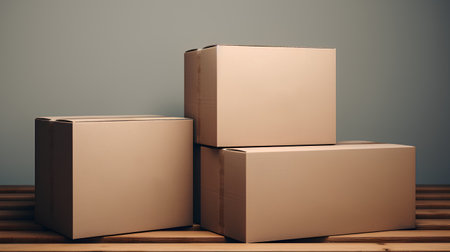 Cardboard boxes on wooden table. Mock up, 3D Renderingの素材
