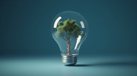 Tree in a light bulb on blue background. 3D rendering.の素材