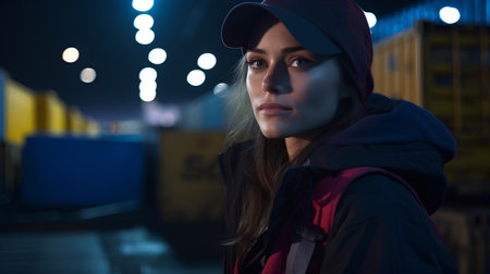 Portrait of a beautiful young woman in a cap with a backpack in the city at night.の素材