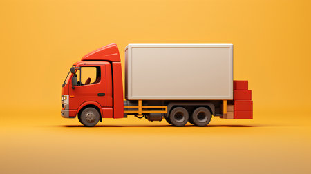 Truck with cardboard boxes isolated on orange background. 3d renderingの素材