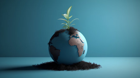Planet earth with green plant on blue background. 3D illustration.の素材