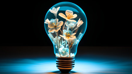 Light bulb with flowers inside on black background. 3D illustration.の素材