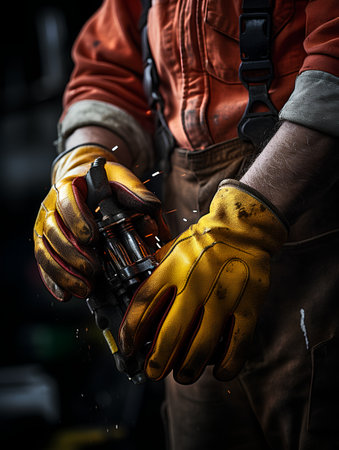 Close-up of a worker's hands in protective gloves with a welding machine.の素材