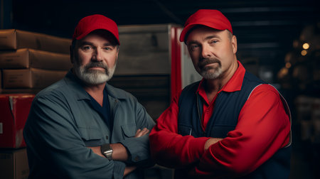 Portrait of two mature warehouse workers standing with arms crossed in warehouse.の素材