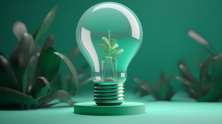 3d render of green light bulb with plant inside on green backgroundの素材