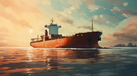 Large cargo ship in the sea at sunset. Vector illustration EPS10の素材