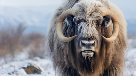 Portrait of a muskox on the background of snowy mountainsの素材