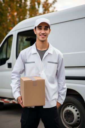 delivery man with parcel box in front of cargo van, delivery conceptの素材