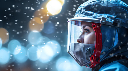 Woman in protective helmet and goggles. 3d rendering toned imageの素材