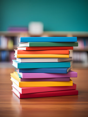 Stack of colorful books on wooden table in library. 3d renderの素材