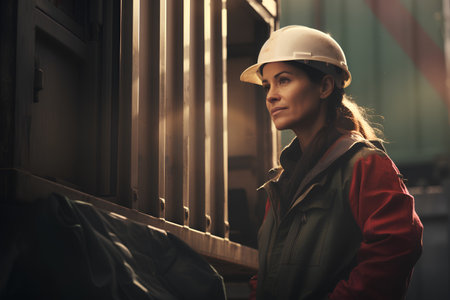 Portrait of a female worker in a uniform and hard hat.の素材