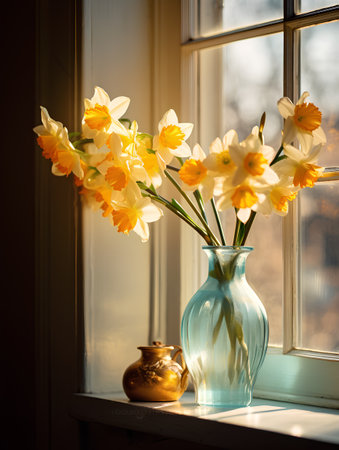 Bouquet of daffodils in a vase on the windowsillの素材