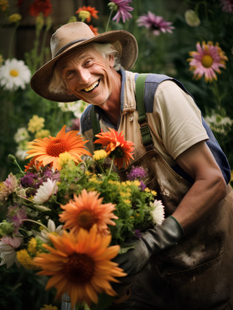 Portrait of a happy senior gardener with flowers in the gardenの素材