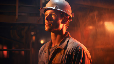 Portrait of a worker in a metallurgical plant. He is wearing a safety helmet.の素材