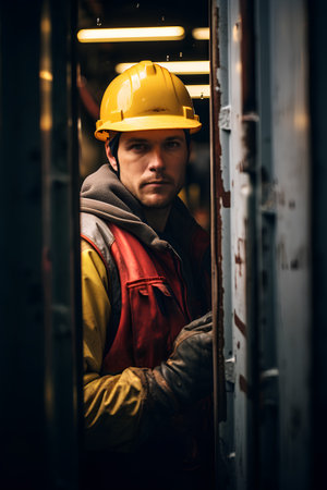 Portrait of a male worker in a hardhat standing in a factory.の素材