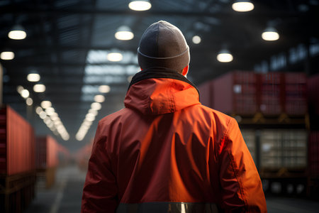 A man in a red jacket and a hat in a warehouse. 3D rendering.の素材