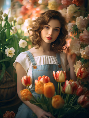 Portrait of a beautiful young woman with tulips. Spring flowers.の素材