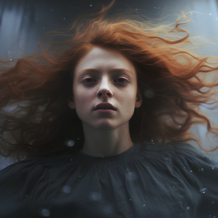 Beautiful young woman with long red hair. Portrait of a girl with flying hair.の素材